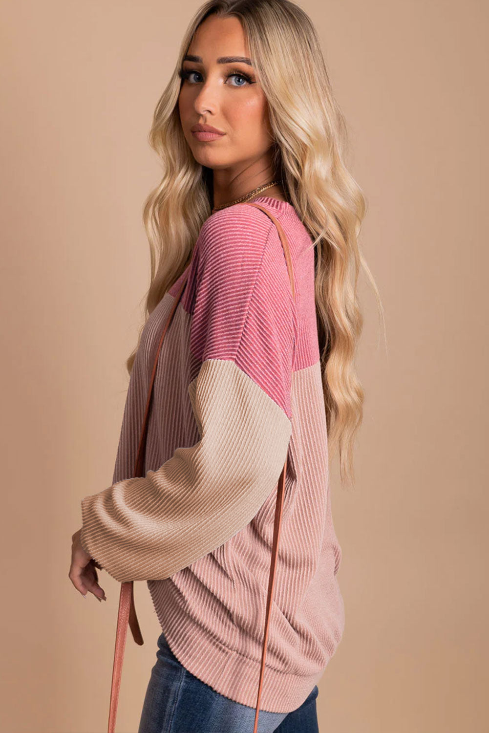 Cali Chic Women's Top Pink Color Block Celebrity Long Sleeve Ribbed Loose
