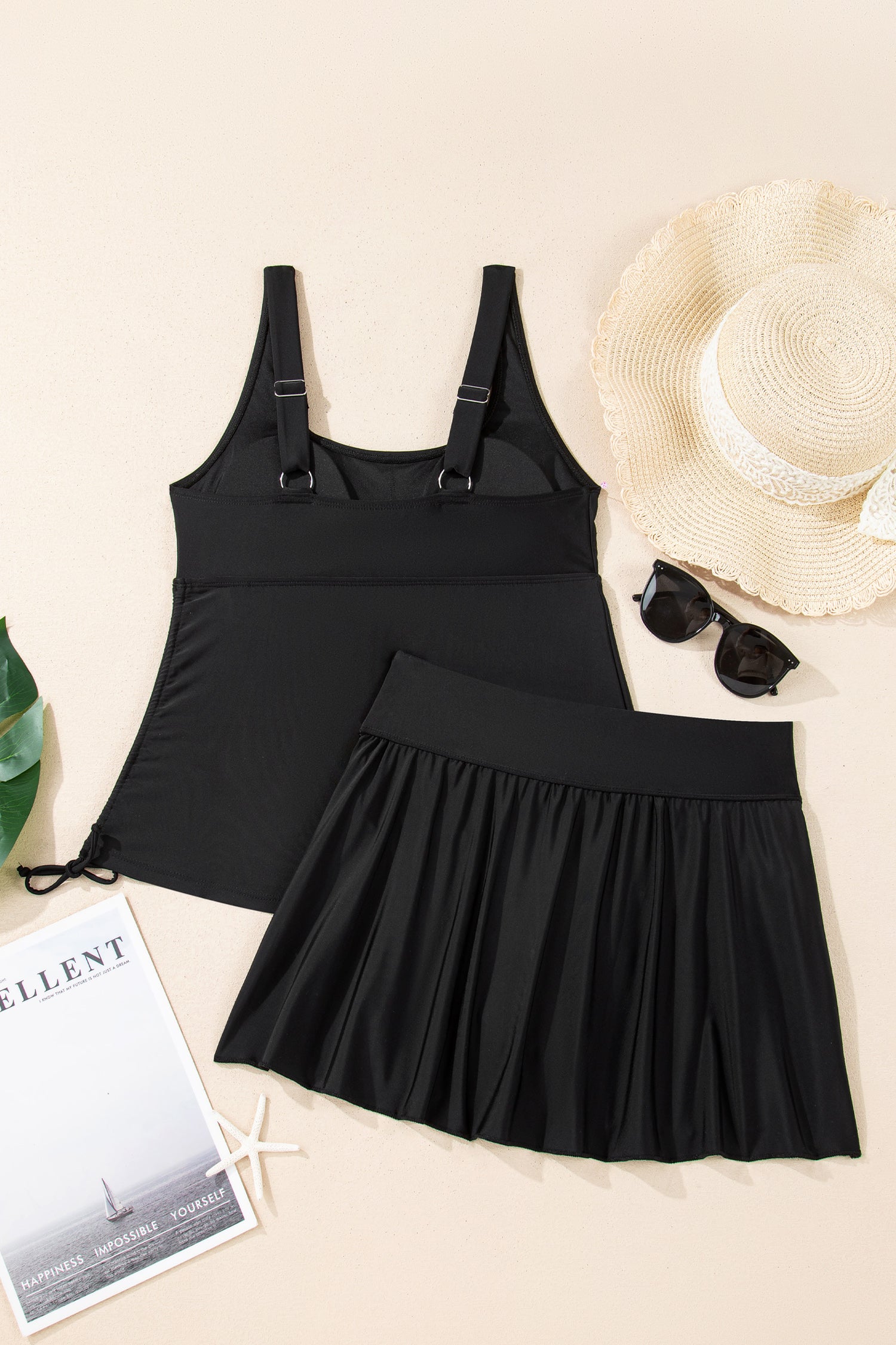 Cali Chic Women Swimsuit Black Scoop Neck Adjustable Tankini and Matching Skort Bathing Suit - Cali Chic