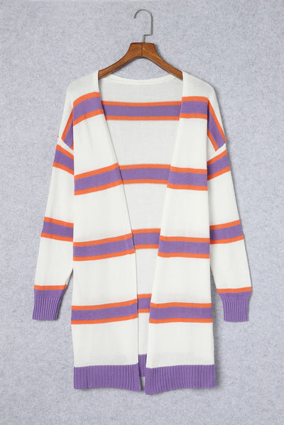 Cali Chic Beige Striped Long Sleeve Ribbed Trim Button Cardigan