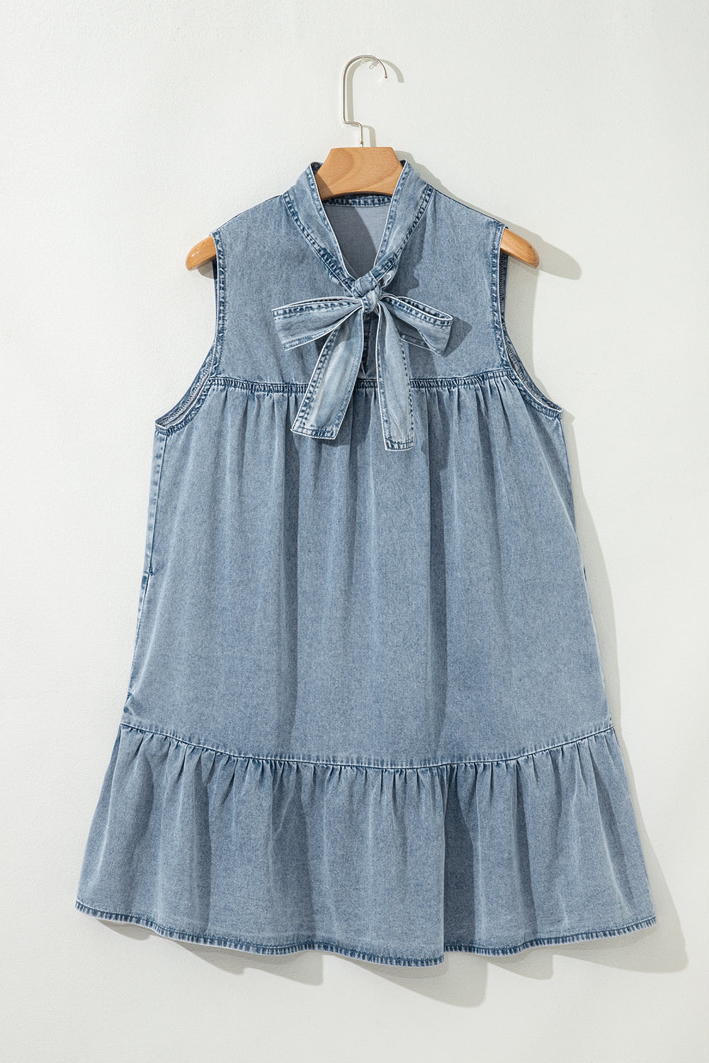 Cali Chic Women Dress Real Teal Bowknot Neck Sleeveless Ruffled Chambray Dress - Cali Chic