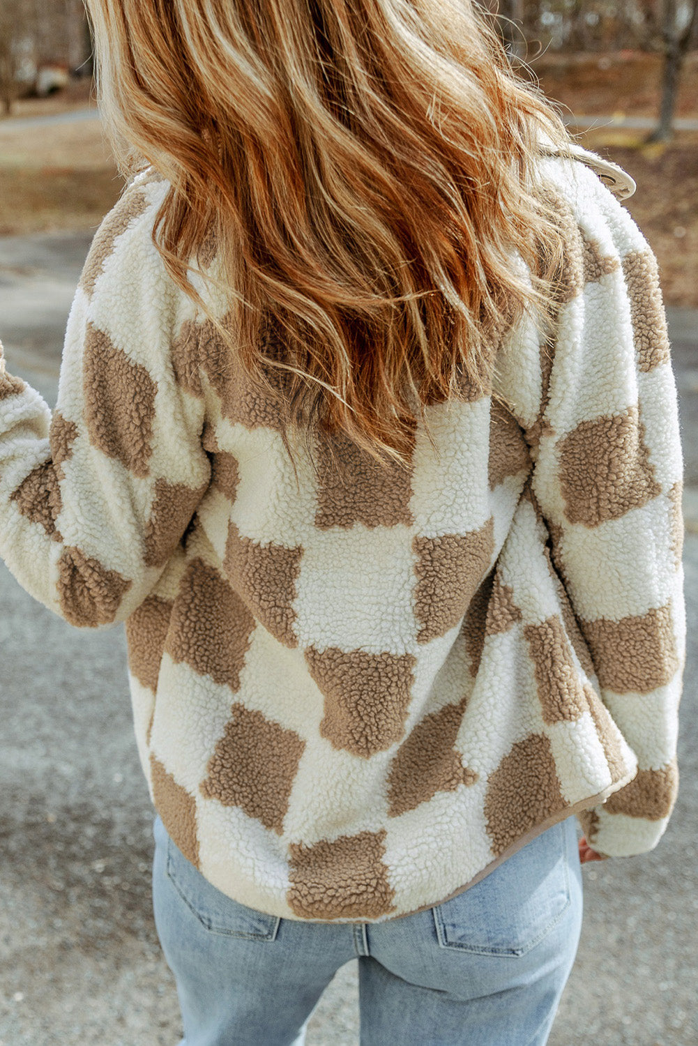 Cali Chic Brown Checked Snap Button Sherpa Jacket