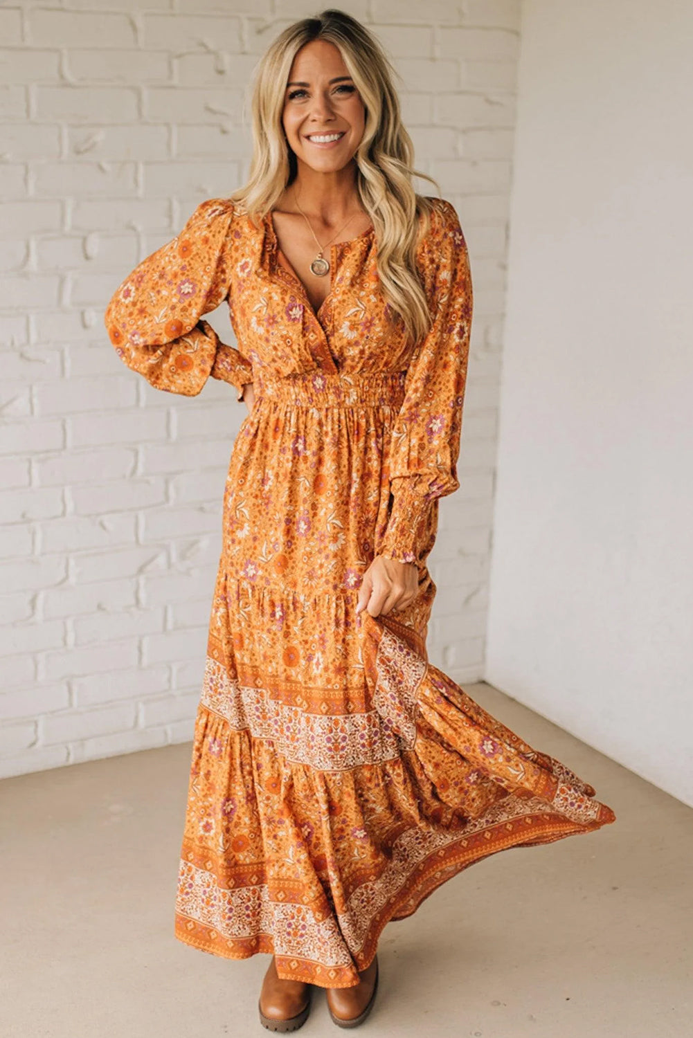 Cali Chic Women Dress Orange Floral Print Smocked Waist Long Sleeve Boho Maxi Dress - Cali Chic