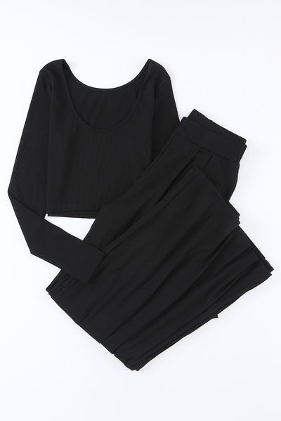 Cali Chic Black Solid Color Ribbed Crop Top Long Pants Set