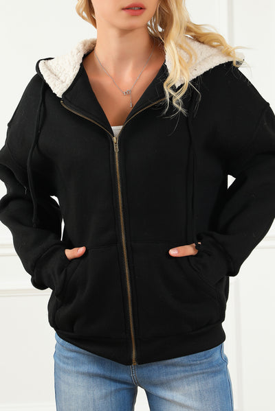 Cali Chic Black Sherpa Hooded Thumbhole Sleeve Zip Up Jacket