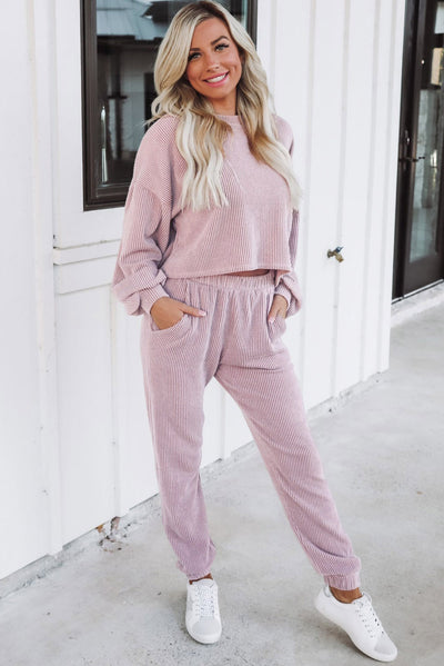 Cali Chic Apricot Powder Ribbed Two Piece Pullover and Joggers Lounge Set