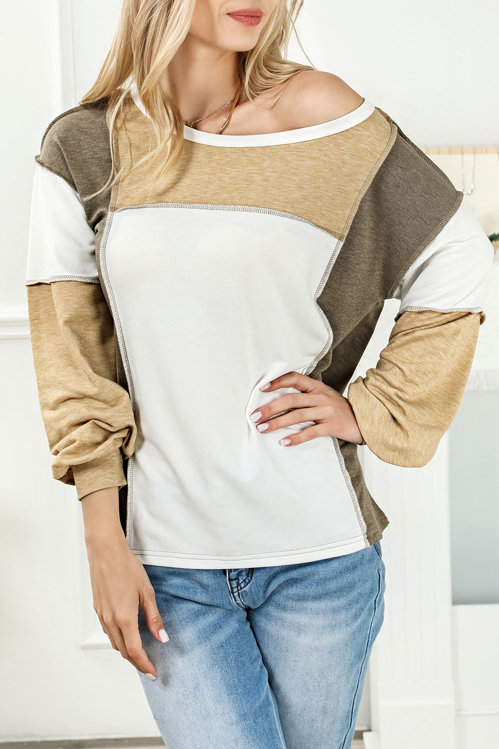 Cali Chic Khaki Exposed Seam Color Block Patchwork Top