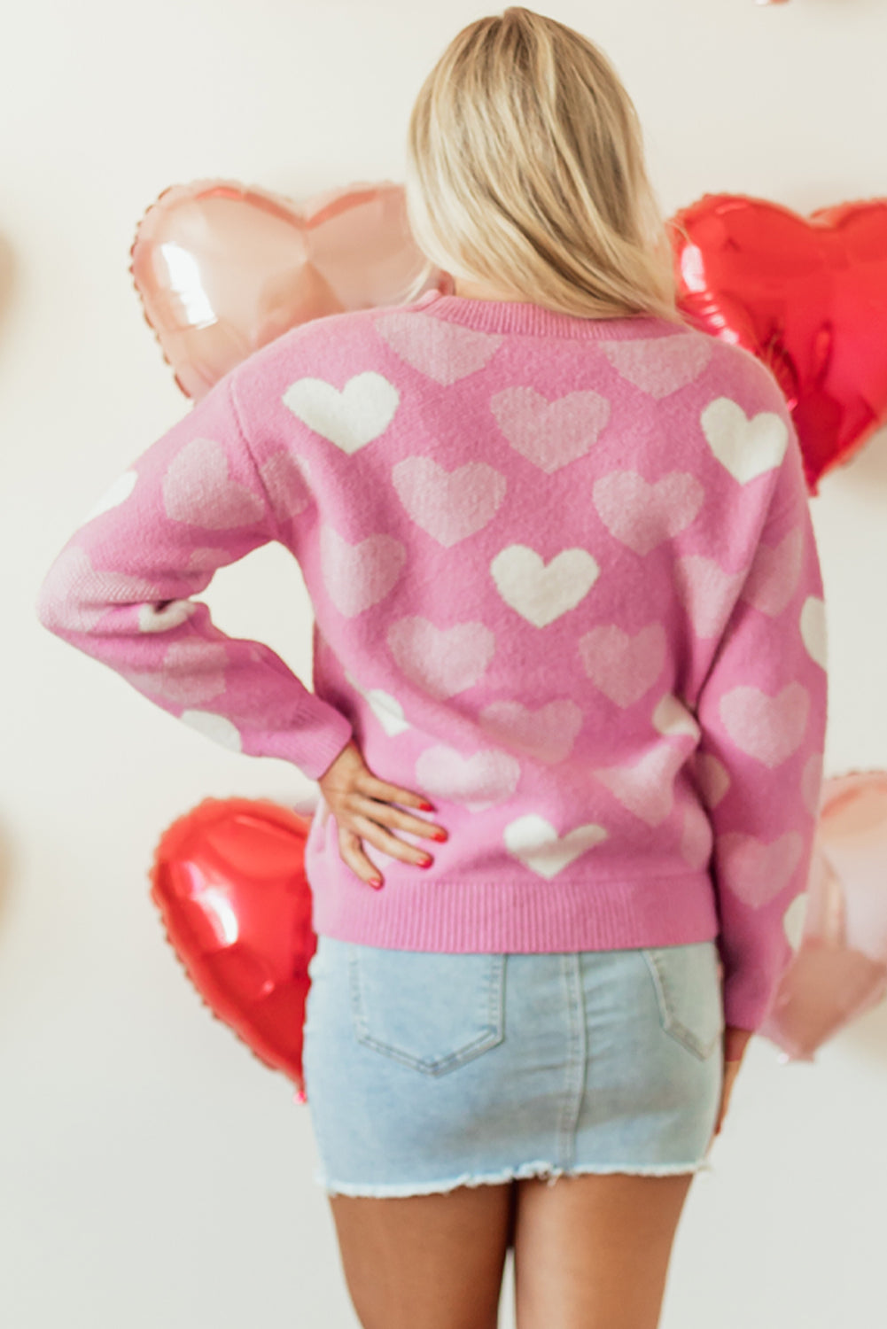 Pink Pearled Heart Print Valentines Crew Neck Sweater - Cali Chic