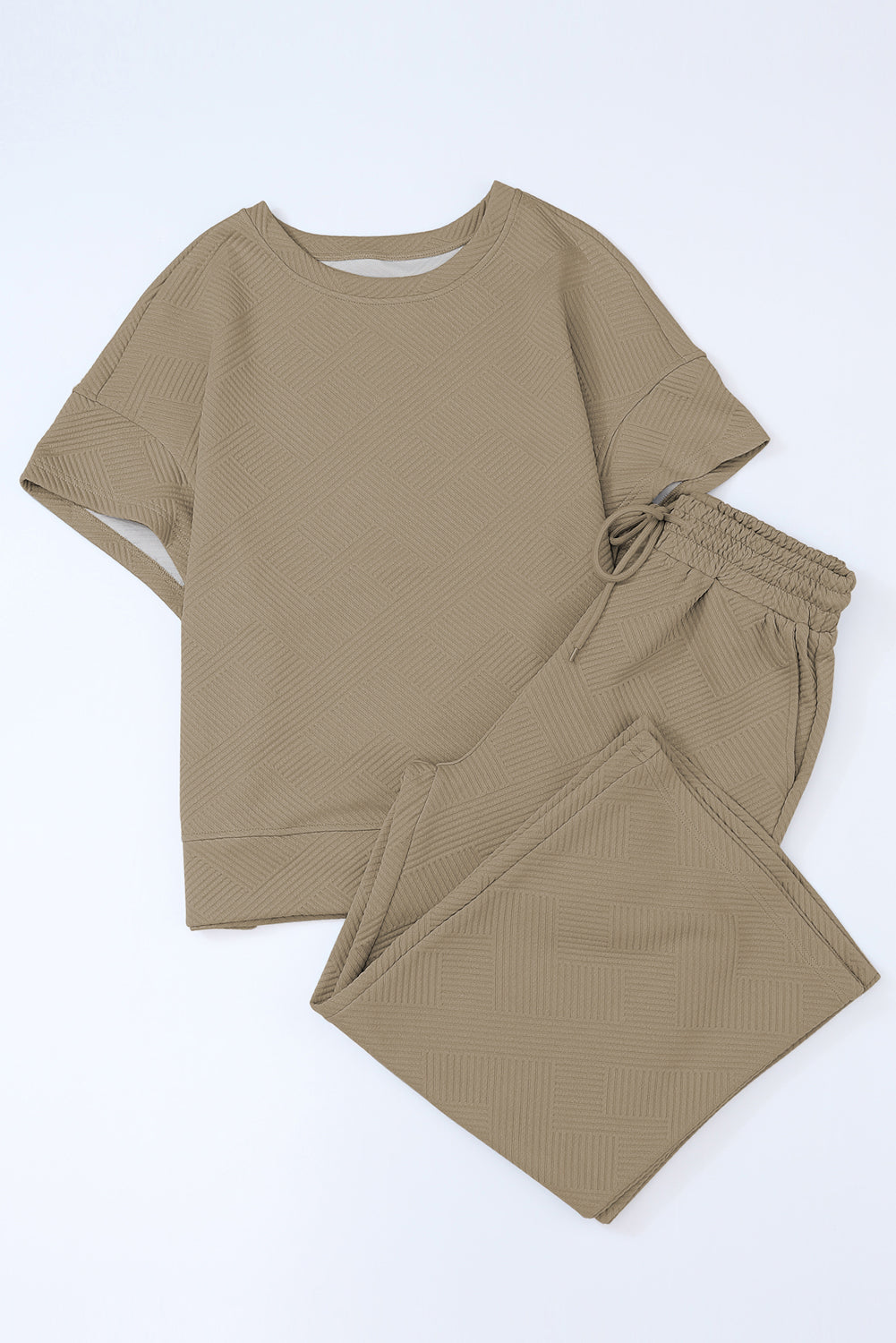 Cali Chic Apricot khaki Textured Loose Fit T Shirt and Drawstring Pants Set