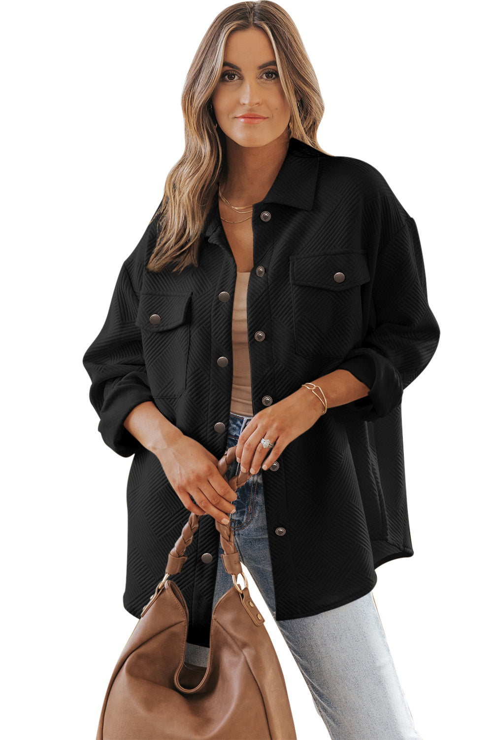Cali Chic Black Solid Textured Flap Pocket Buttoned Shacket