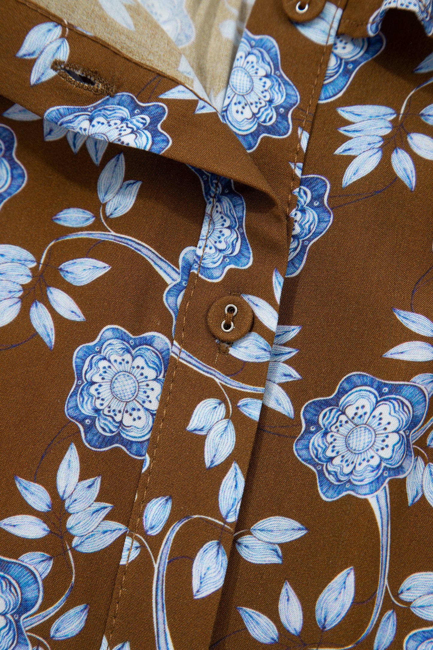 Cali Chic Women Dress Brown Floral Print Ruffled Detail Shirt Collar Button Down Long Sleeve Dress - Cali Chic