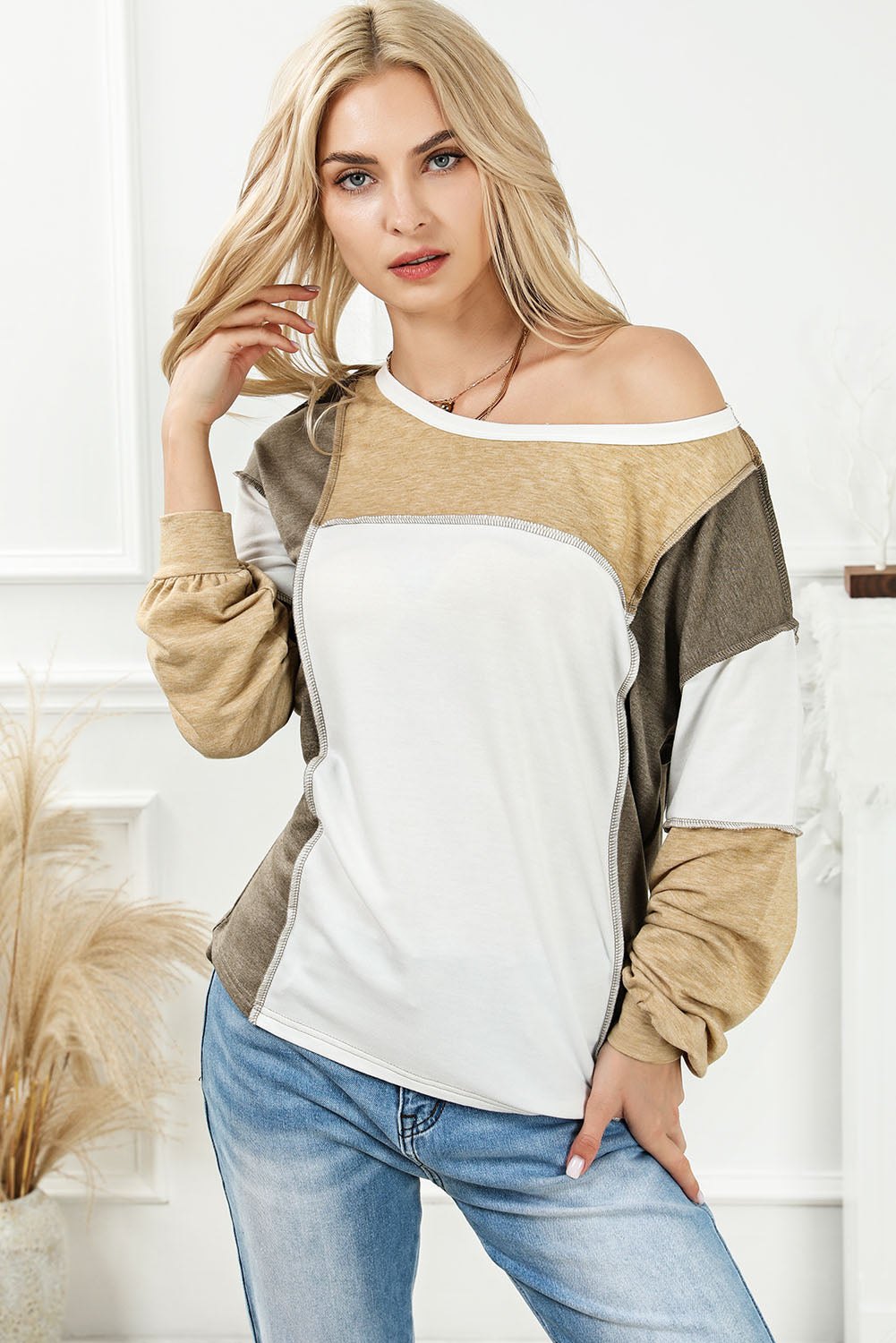 Cali Chic Khaki Exposed Seam Color Block Patchwork Top