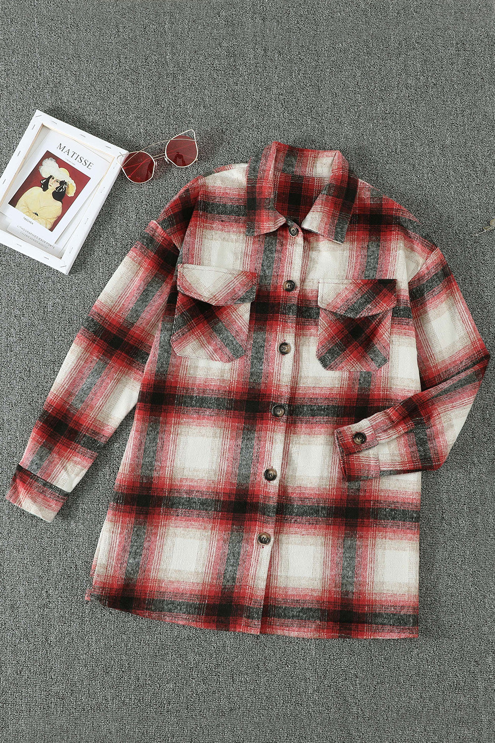Red Turn down Neck Plaid Pocket Button Closure Coat