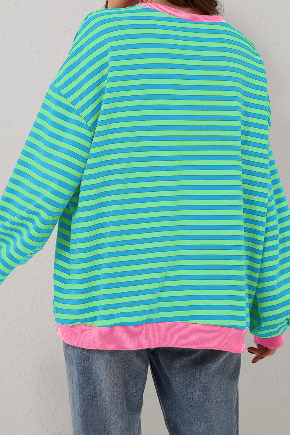 Cali Chic Women's Sweatshirt Sky Blue Stripe Oversized Contrast Trim Pullover