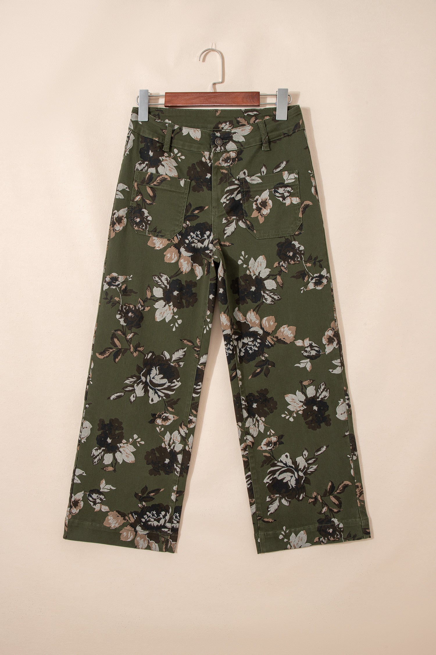 Cali Chic Women Pants Green Vintage Floral Print Square Patch Pocket Raw Hem Shift Jeans - Cali Chic