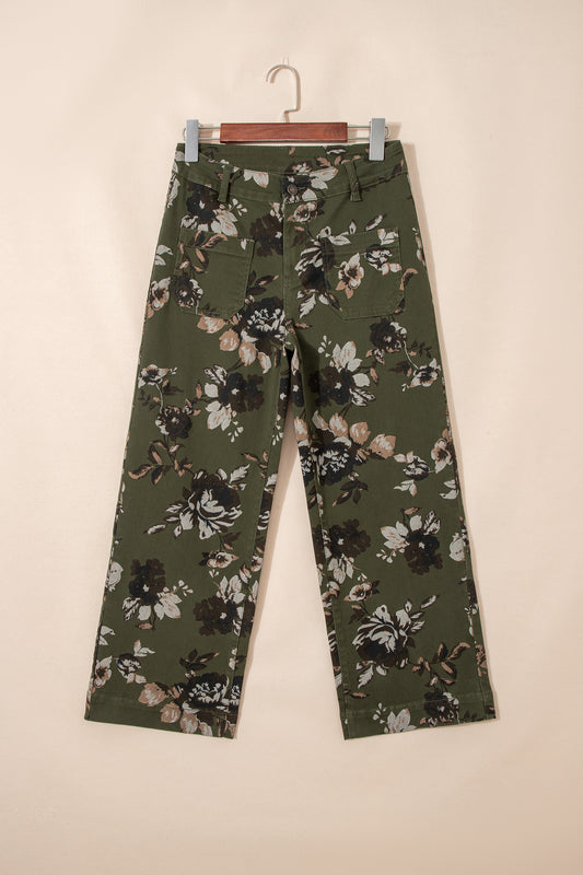Cali Chic Women Pants Green Vintage Floral Print Square Patch Pocket Raw Hem Shift Jeans - Cali Chic