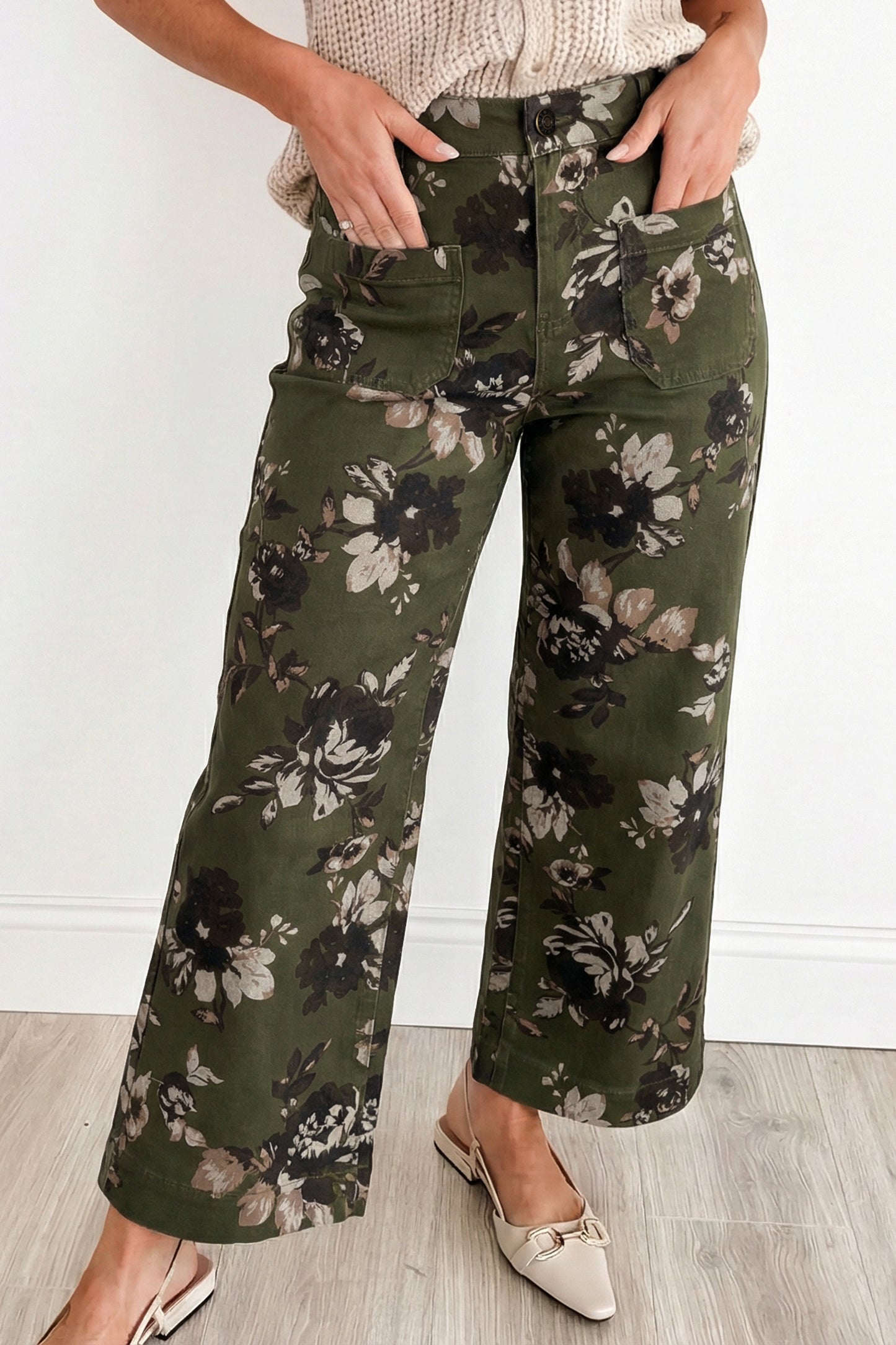 Cali Chic women's green vintage floral print jeans with patch pockets and raw hem, casual shift style denim bottoms.
