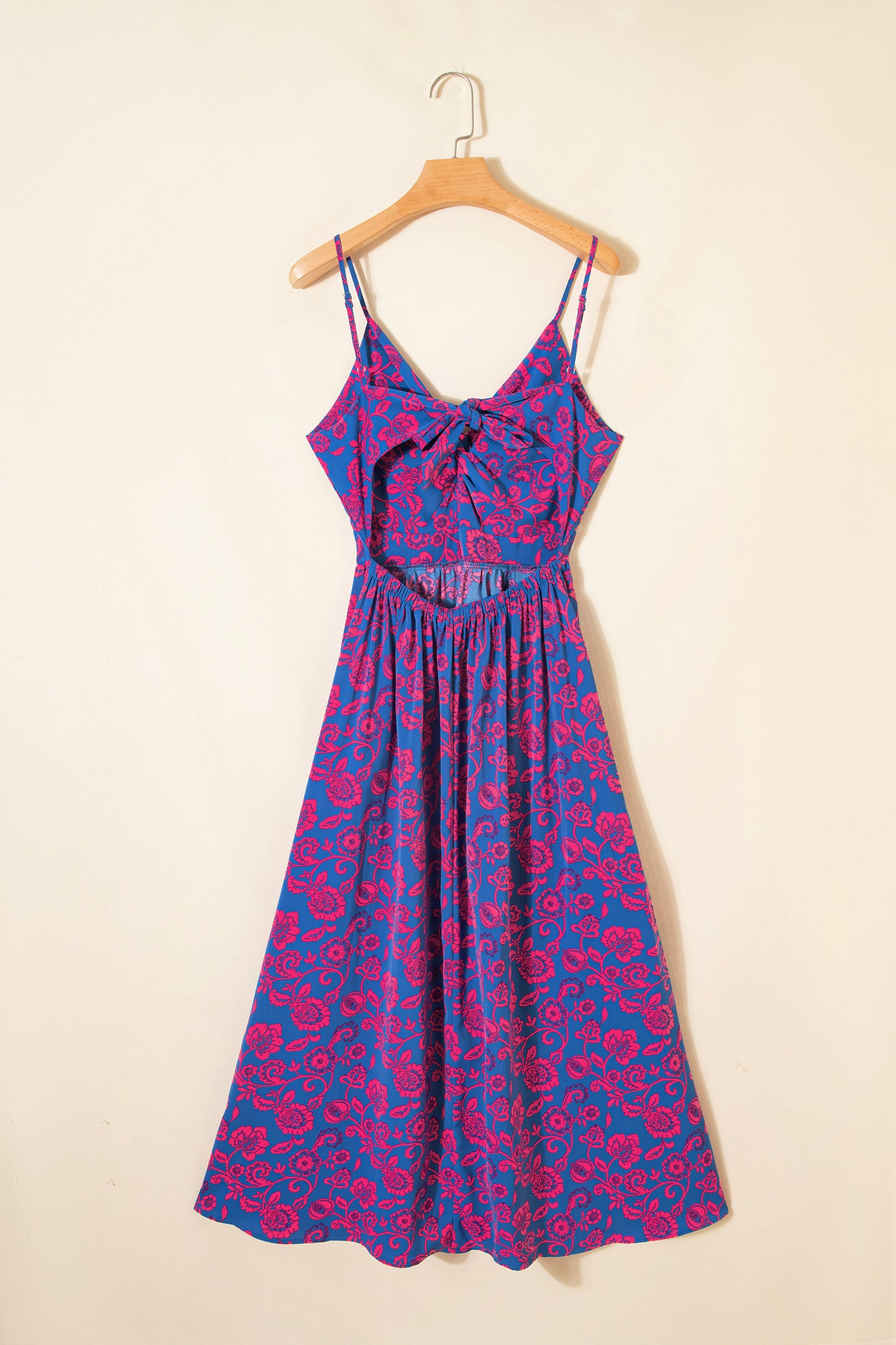 Cali Chic Women Dress Blue Floral Print Twisted V Neck Tied Backless Maxi Dress