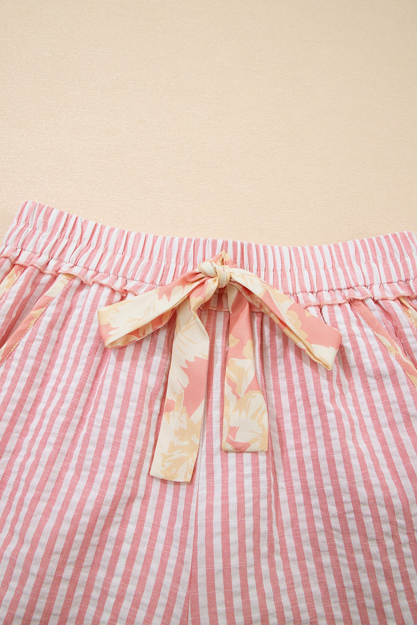 Cali Chic Women Short Light Pink Floral Trim Ribbon Knot Striped Casual Shorts - Cali Chic