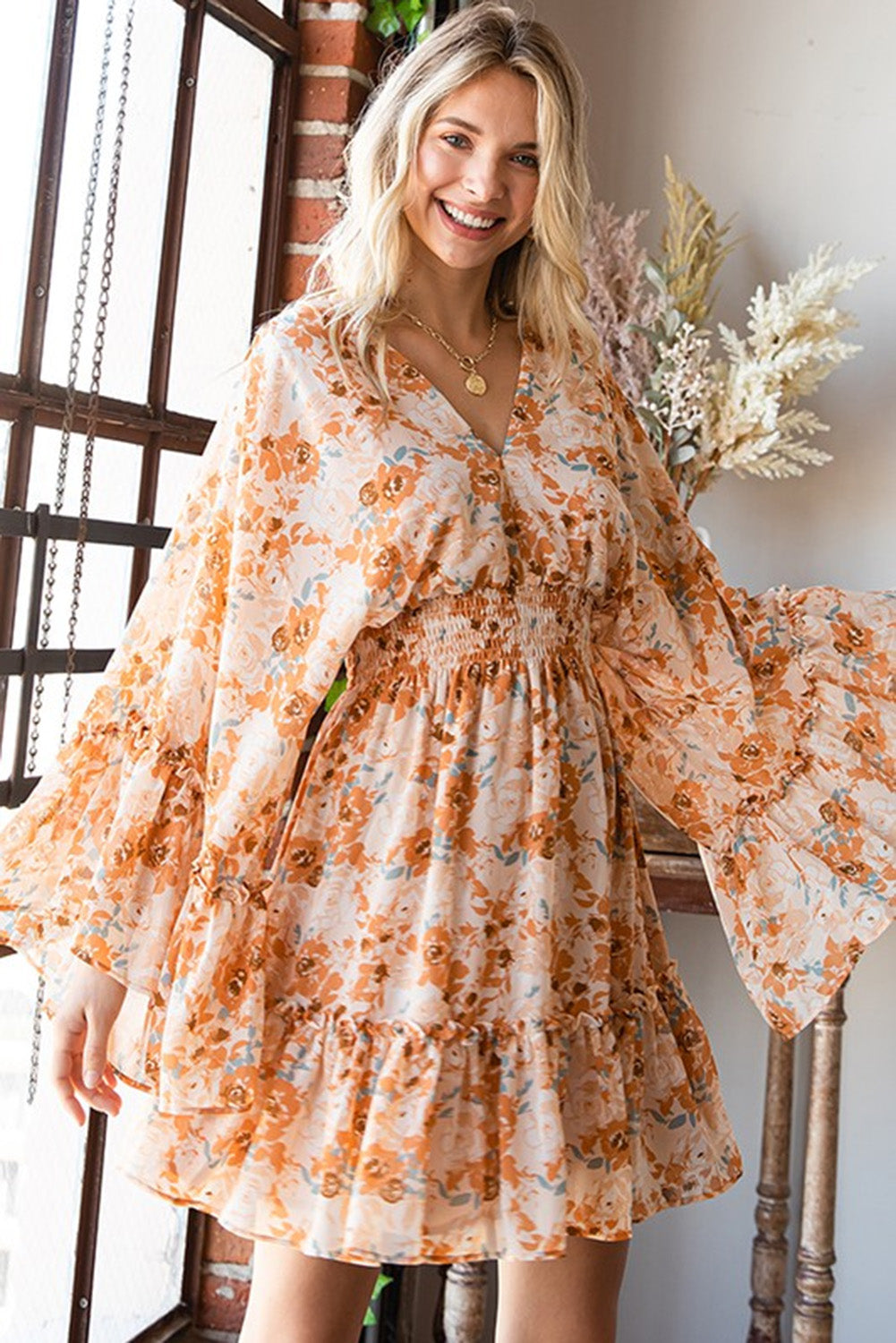 Orange Floral Smocked Waist Dress