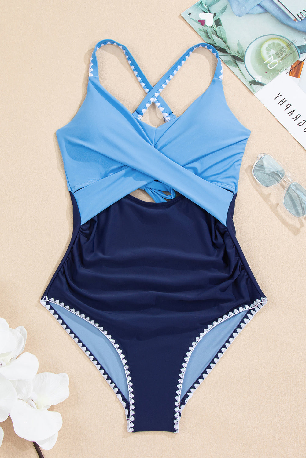 Cali Chic Women Swimsuit Beau Blue Ric Rac Trim Contrasted Patchwork Cutout One Piece Swimsuit - Cali Chic