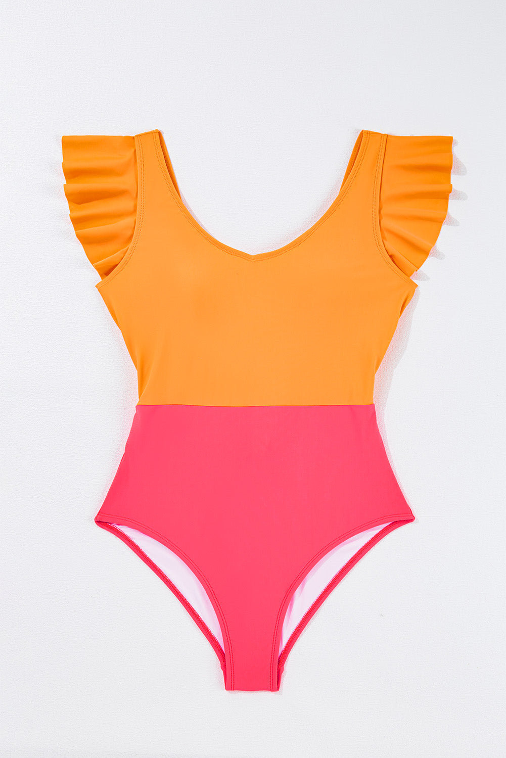 Cali Chic Women Swimsuit Vitality Orange Color Block Ruffled Knotted Backless One Piece Swimsuit