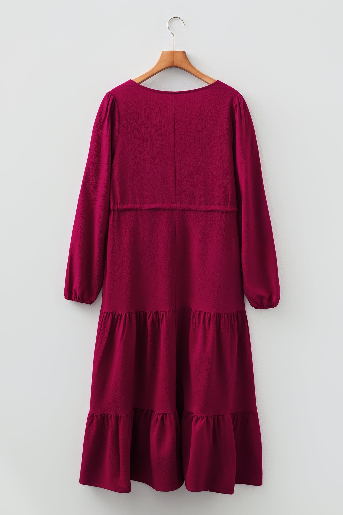 Cali Chic Women Dress Burgundy Solid Long Sleeve Button V Neck Tiered Maxi Dress - Cali Chic