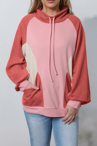 Pink Drawstring Pullover Pocketed Colorblock Sweatshirt