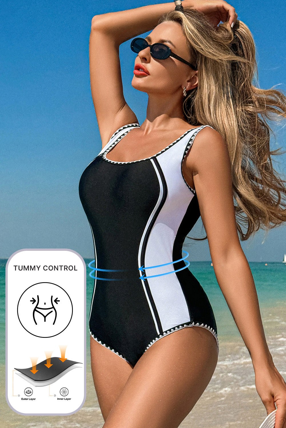 Black Color Block Ric Rac Trim U Neck One Piece Swimsuit - Cali Chic