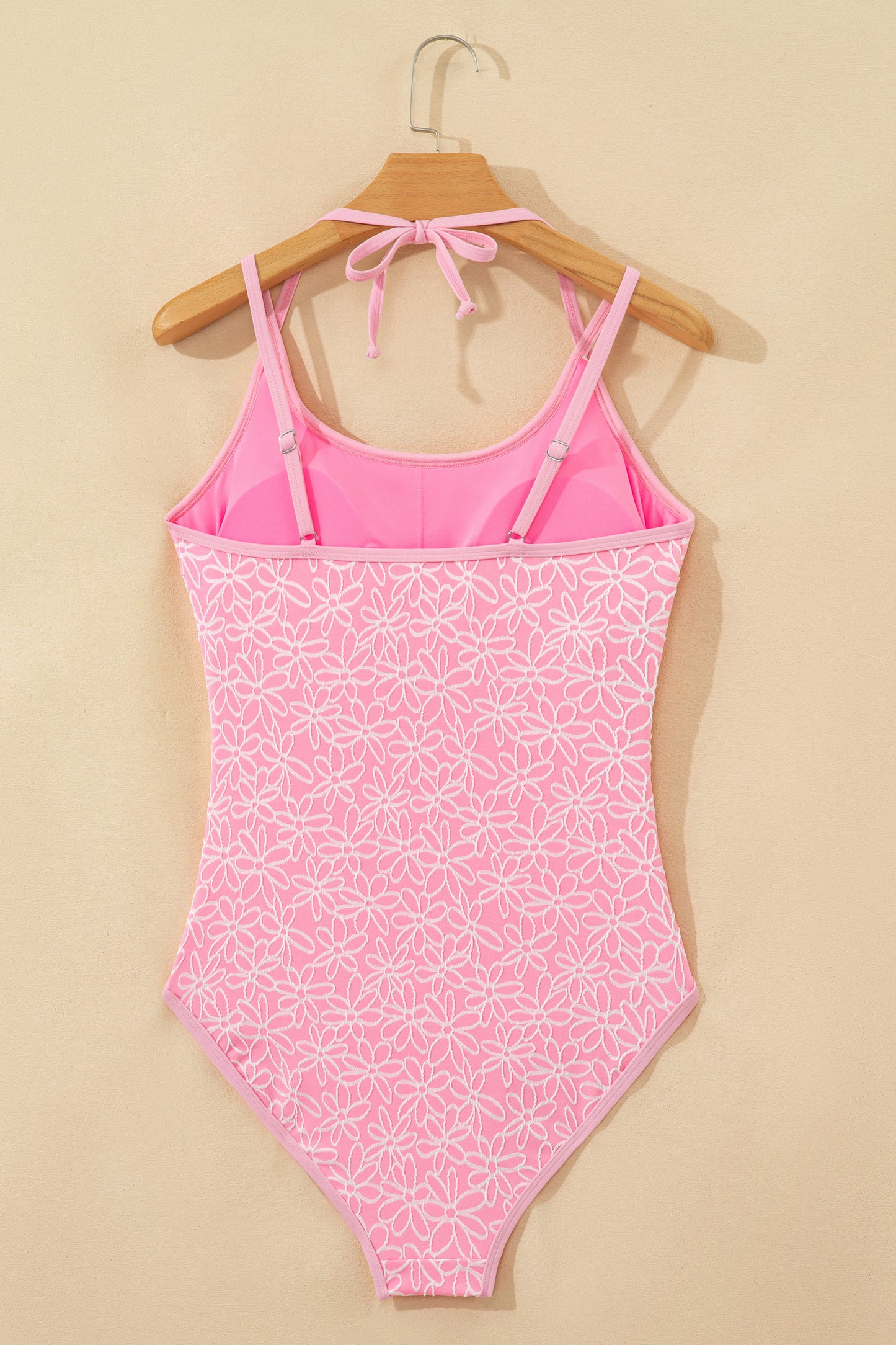 Cali Chic Women Swimsuit Pink Corded Flower Texture Spaghetti Straps Halterneck One Piece Swimsuit - Cali Chic
