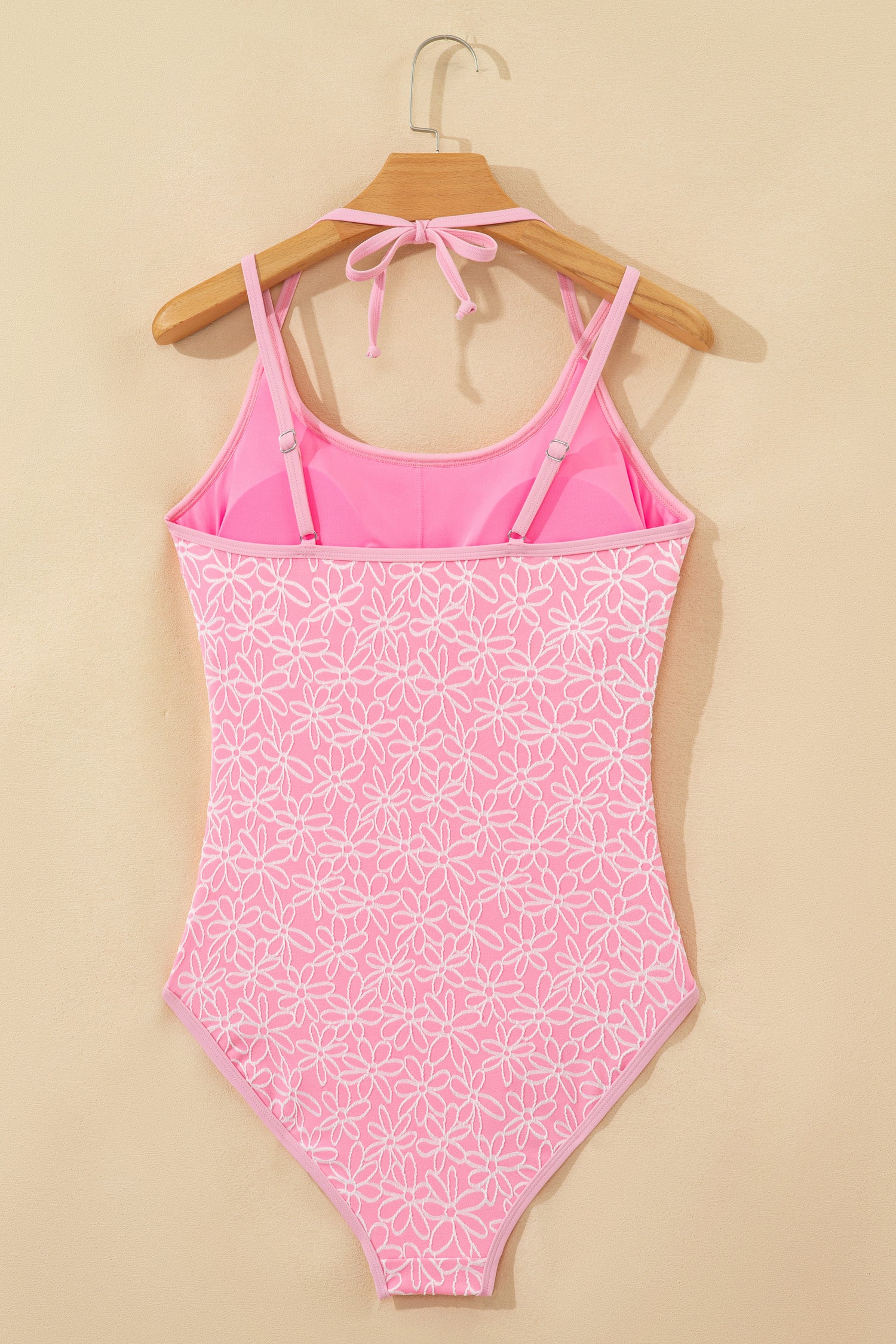 Cali Chic Women Swimsuit Pink Corded Flower Texture Spaghetti Straps Halterneck One Piece Swimsuit - Cali Chic