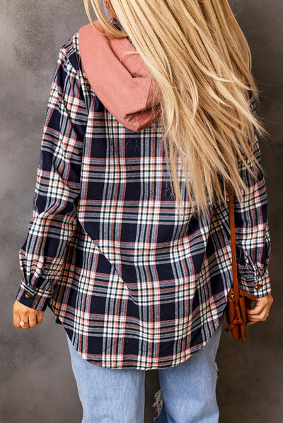 Cali Chic Pink Contrast Hooded Drawstring Plaid Shacket