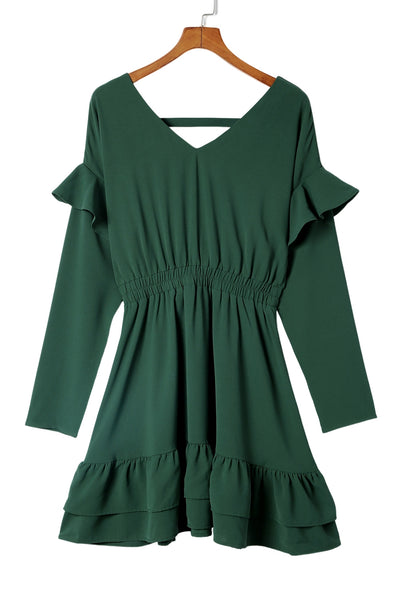 Green Solid Color Ruffled V Neck High Waist Mini Dress