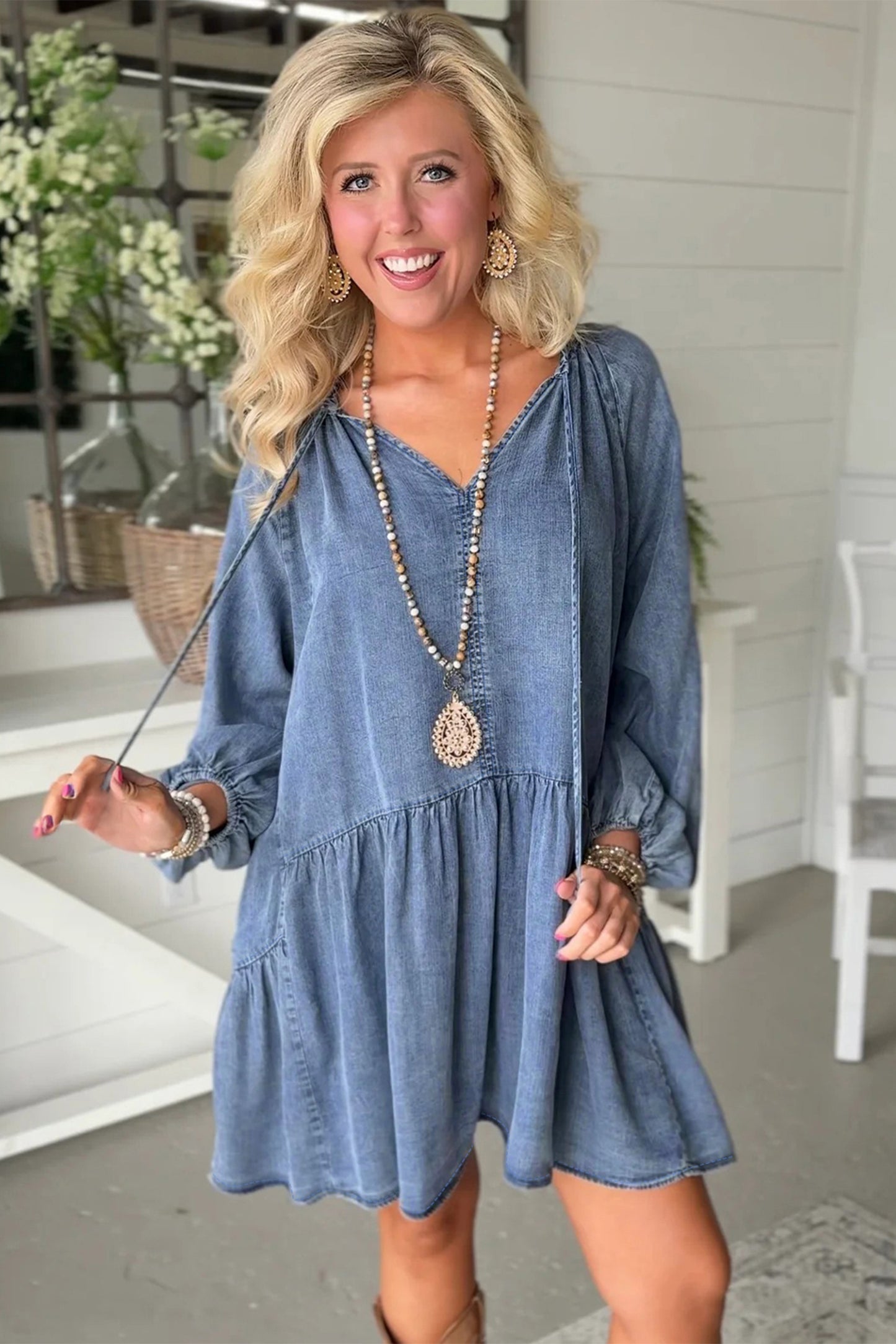Cali Chic Women Dress Myosotis Puff Sleeve V Neck Ruffled Loose Denim Mini Dress - Cali Chic