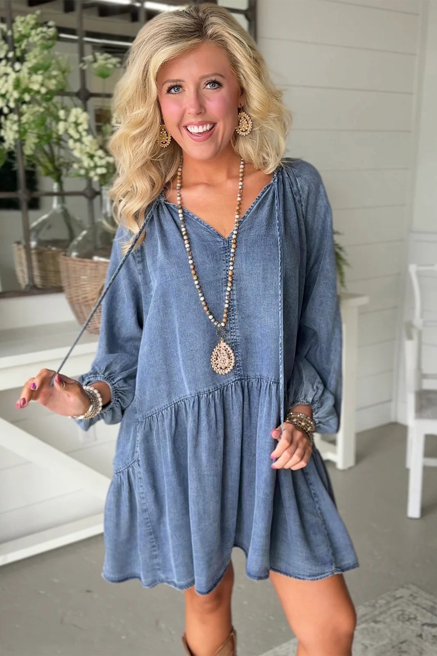 Cali Chic Women Dress Myosotis Puff Sleeve V Neck Ruffled Loose Denim Mini Dress - Cali Chic