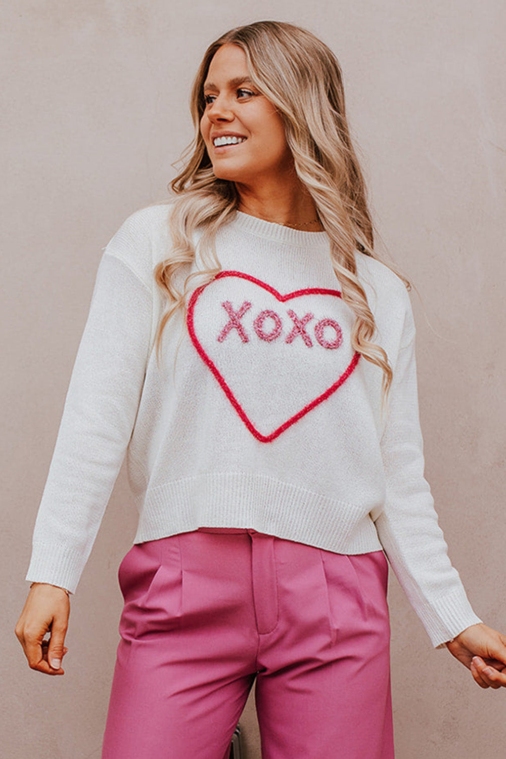 White Heart XOXO Pattern Drop Shoulder Rib Knit Sweater