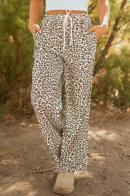 Cali Chic Women's Pants Brown Leopard Drawstring Elastic Waistband Loose Pants