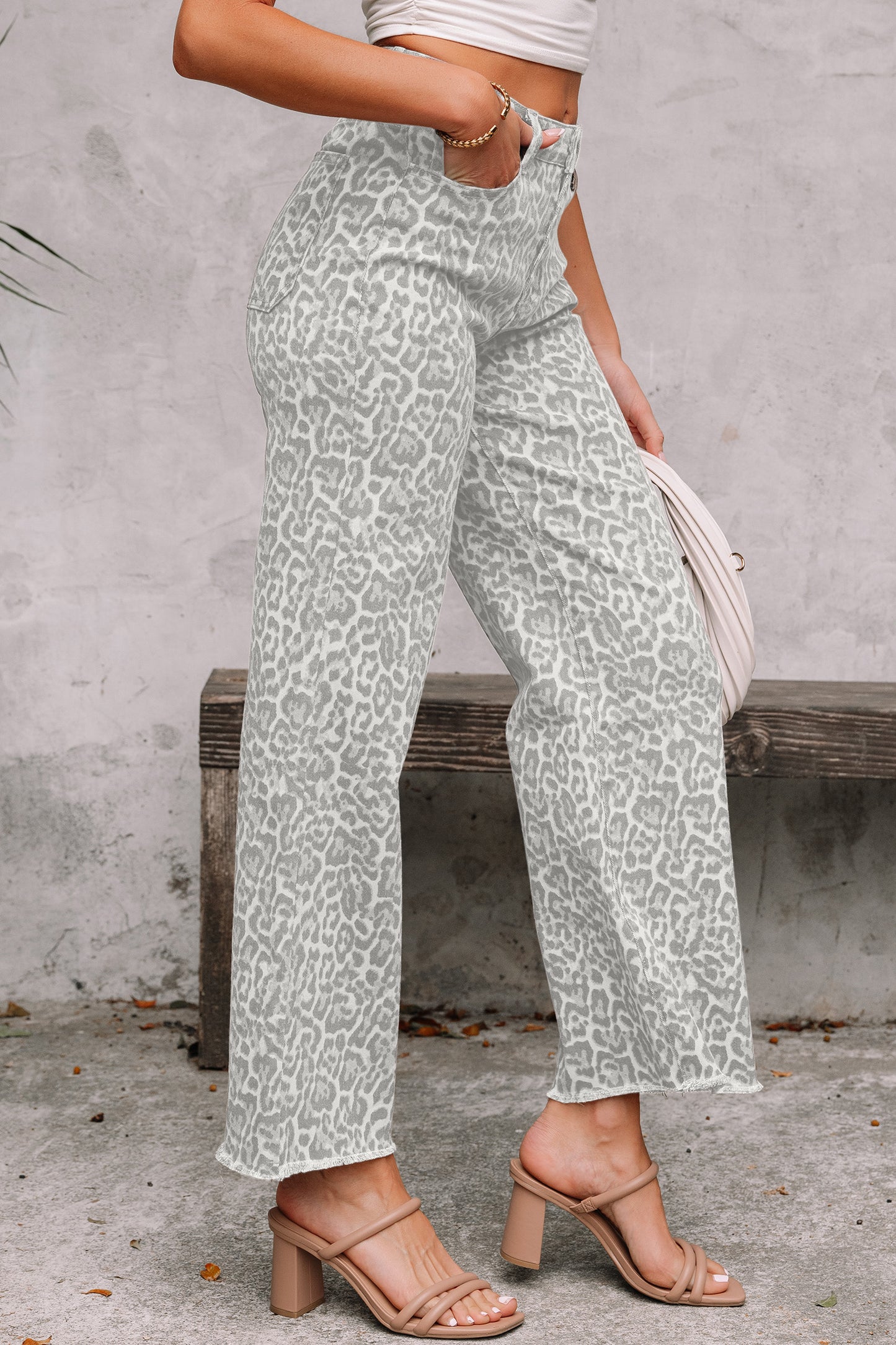 Cali Chic Women Pant Gray Leopard Frayed Edge Wide Leg High Waist Jeans - Cali Chic