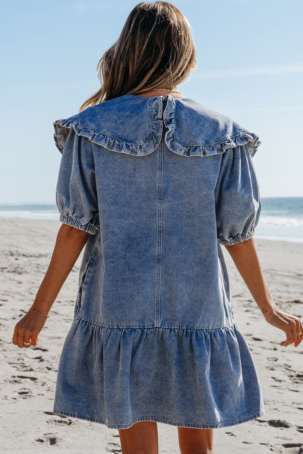Cali Chic Women Dress Dusk Blue Ruffled Collared Side Pockets Puff Sleeve Denim Mini Dress - Cali Chic