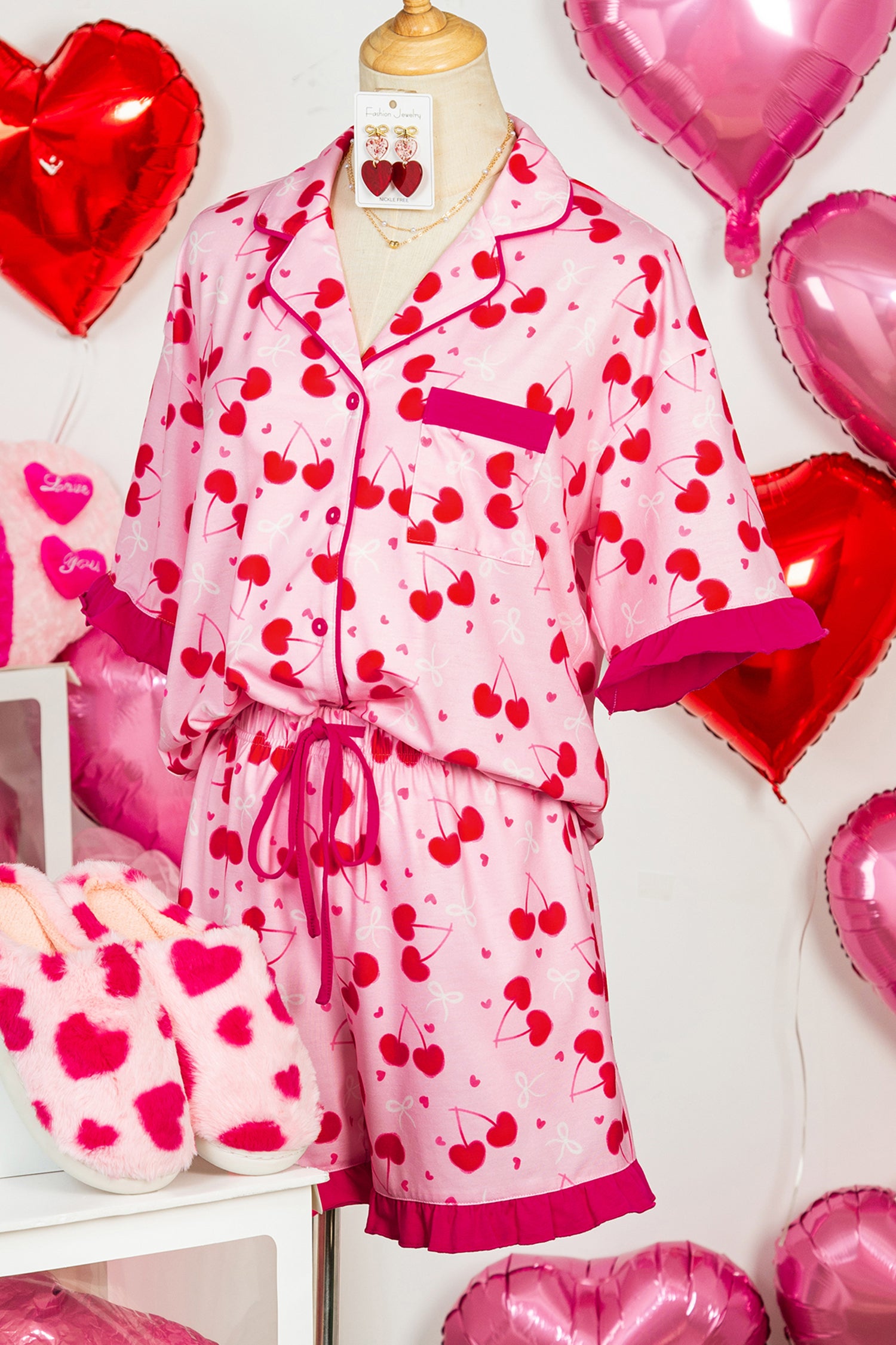 Cali Chic Women Pajama Set Rose Cherry Bow Mixed Print Scalloped Edge Short Pajamas - Cali Chic