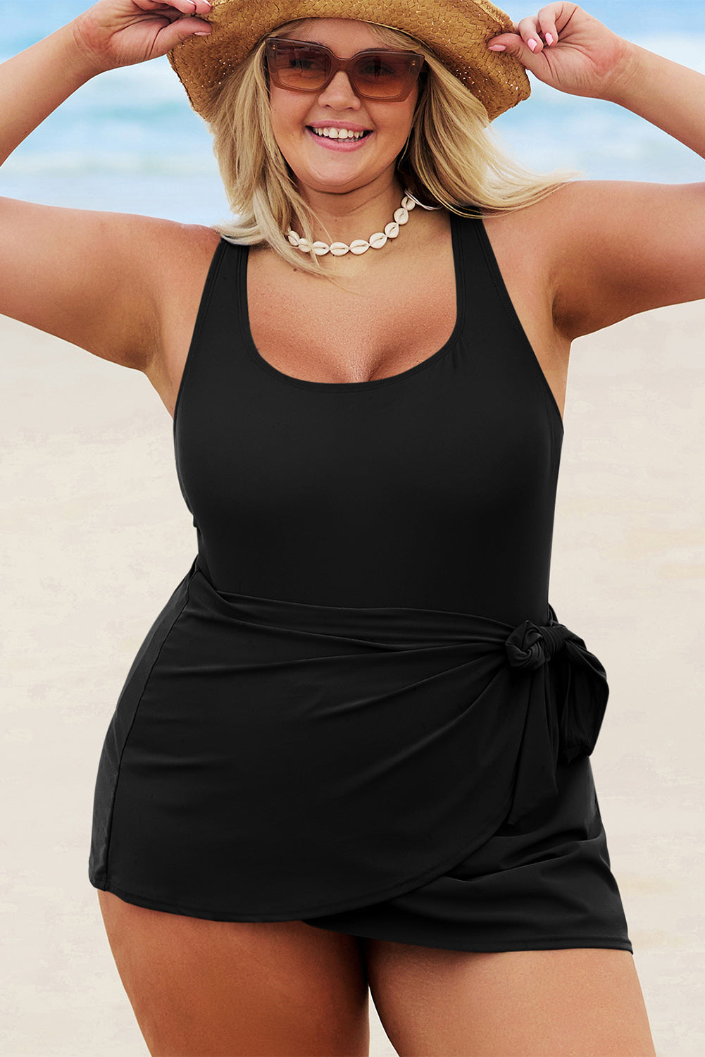 Black Solid Color Square Neck Knotted Plus Size One Piece Swimsuit - Cali Chic