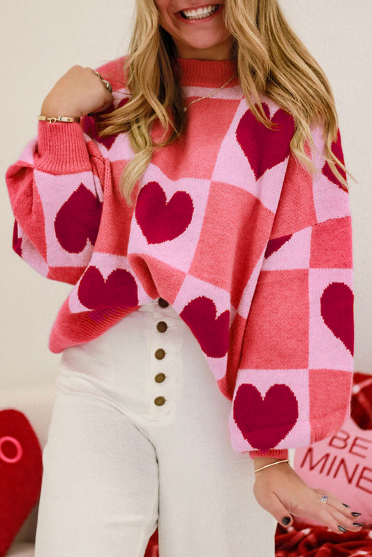 Pink Plus Size Love Heart Block Mock Neck Lantern Sleeve Valentine Sweater - Cali Chic