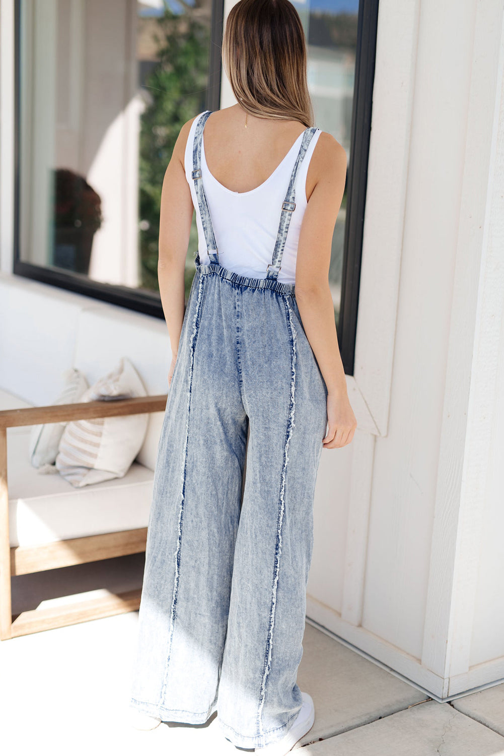 Cali Chic Women Pants Beau Blue Light Wash Frayed Exposed Seam Wide Leg Denim Overall - Cali Chic