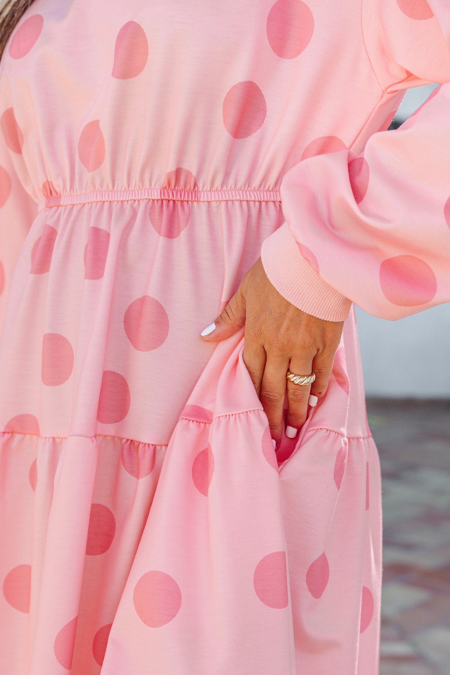 Pink polka dot printed long sleeve mini dress for women, flared style from Dear-Lover with a chic, casual look.