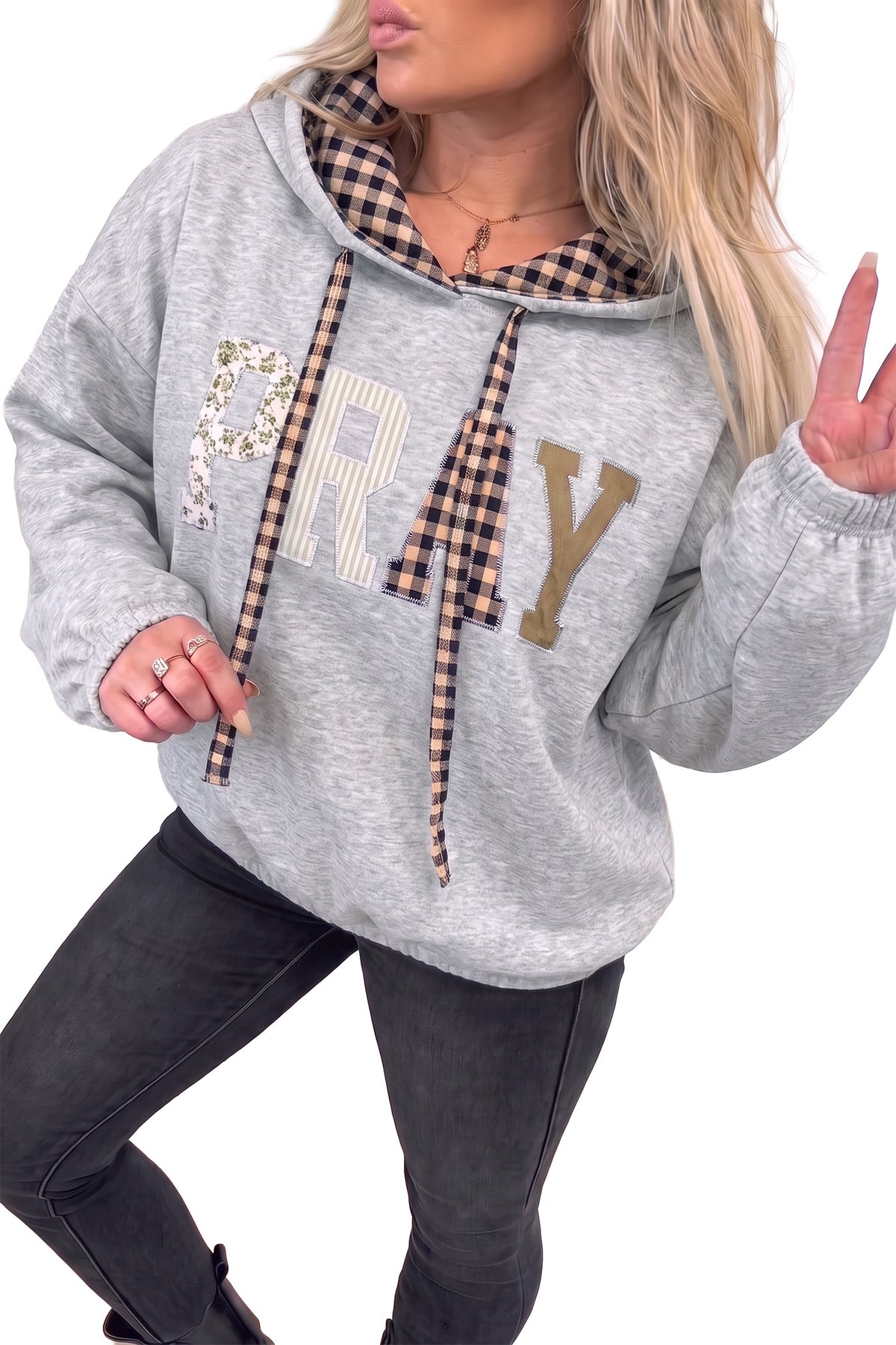 Cali Chic Women's Sweatshirt PRAY Mix Pattern Letter Graphic Plaid Contrast Drawstring Hoodie
