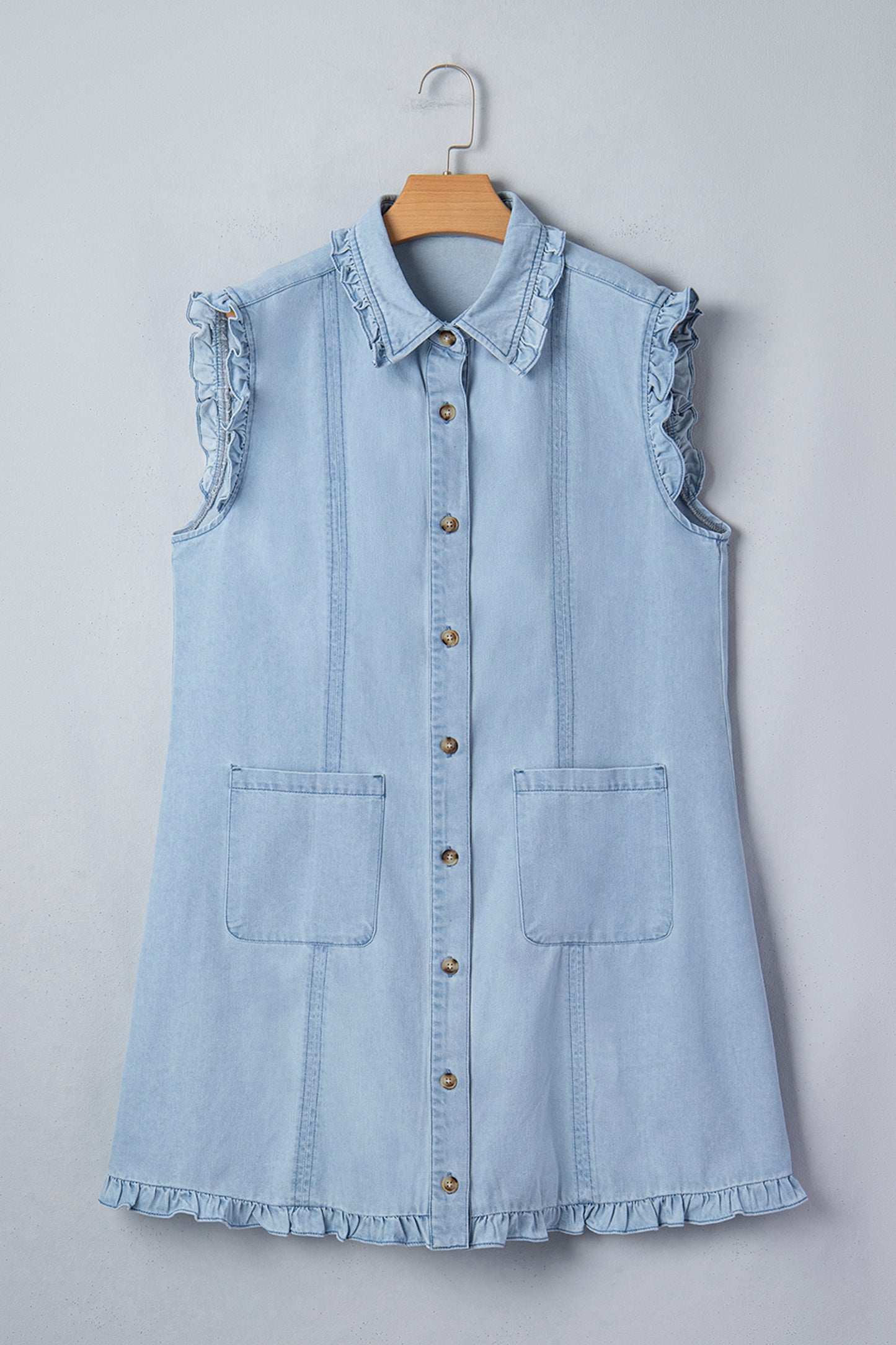 Cali Chic Women Dress Beau Blue Ruffled Edge Collared Shift Denim Dress with Pockets - Cali Chic