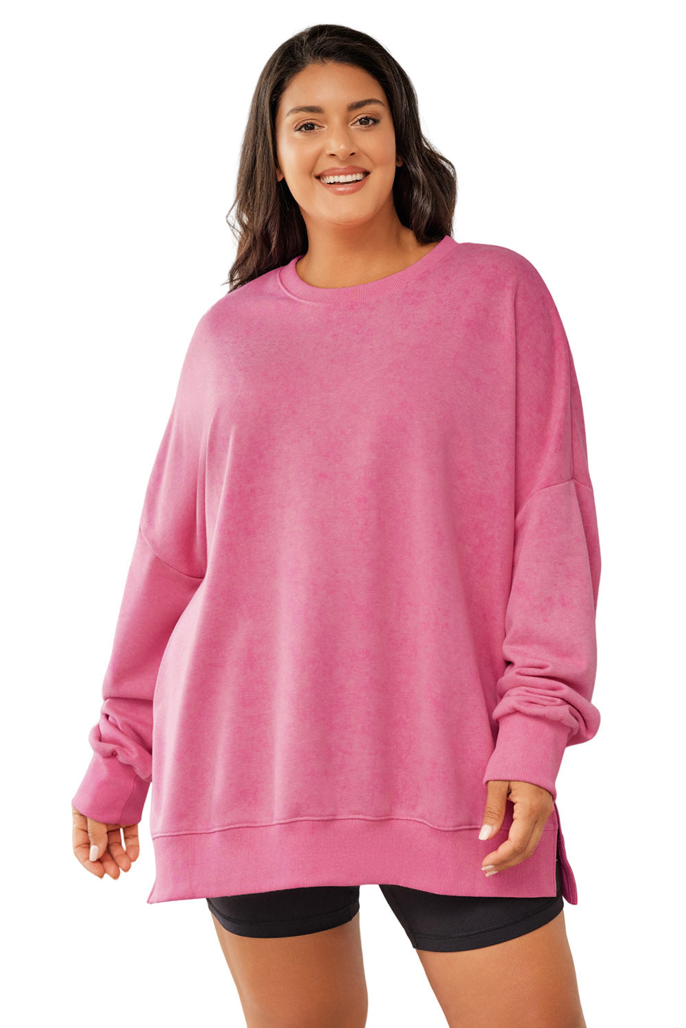 Cali Chic Pink Drop Shoulder Ribbed Trim Plus Size Sweatshirt