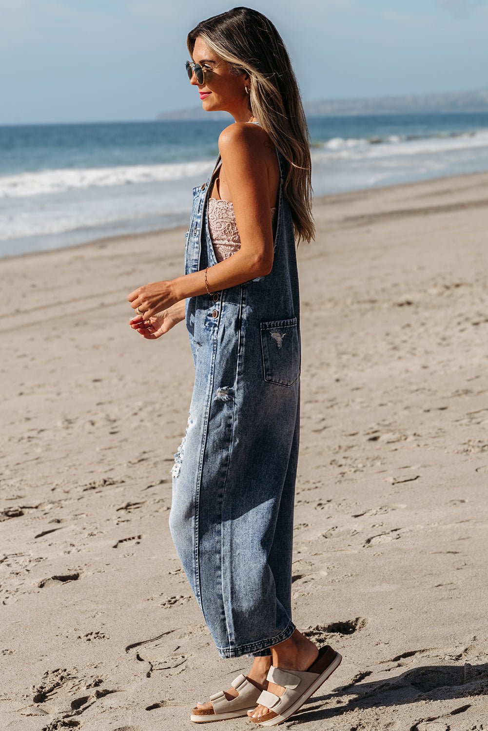 Cali Chic Women Pants Stone Blue Distressed Bib Pocket Wide Leg Denim Overall - Cali Chic
