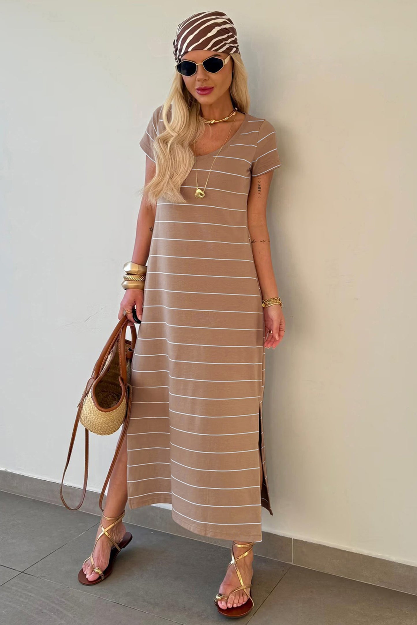 Cali Chic Women Dress Khaki Stripe Casual Short Sleeve Side Slit Maxi T Shirt Dress - Cali Chic