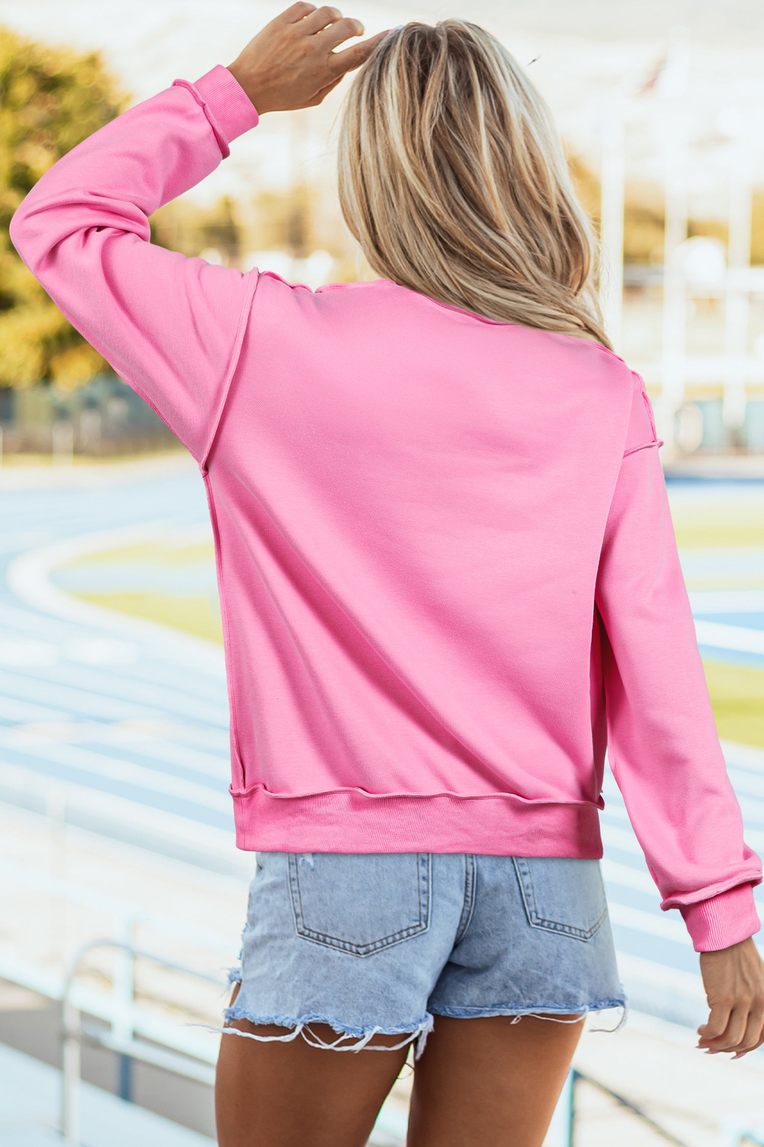 Cali Chic Women Sweatshirt Bright Pink Oversize Drop Shoulder Reversible Mock Neck Sweatshirt - Cali Chic