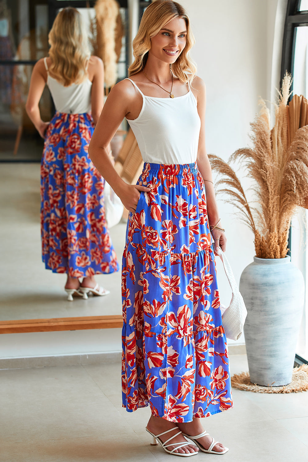 Cali Chic Women Dress Blue Bohemian Floral Print Tiered Maxi Skirt with Split - Cali Chic